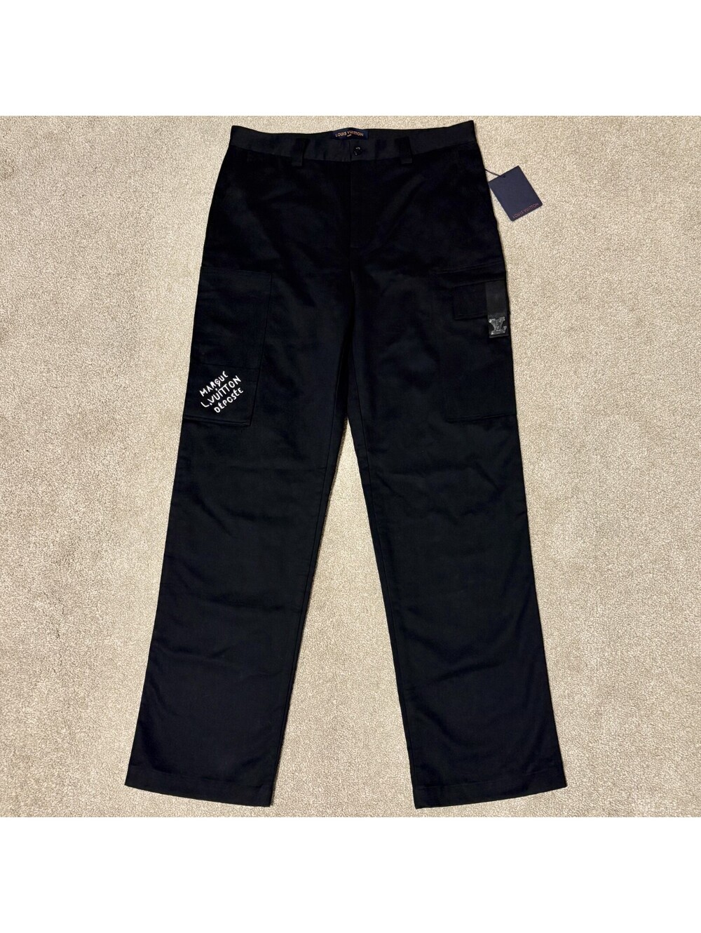 NWT Louis Vuitton Icons Black Cotton Cargo Pants Logo Embroidered Mens Sz L 34in